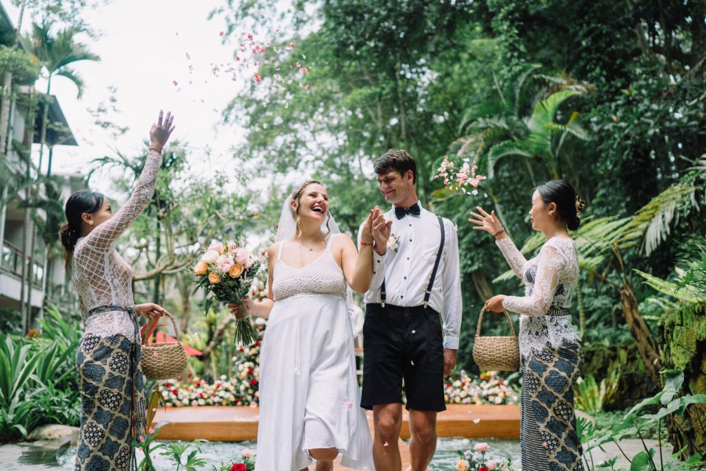 Romantic Bali wedding ceremony at AnandaDara Ubud Resort & Spa, with elegant setup surrounded by Ubud’s lush greenery, perfect for destination weddings.